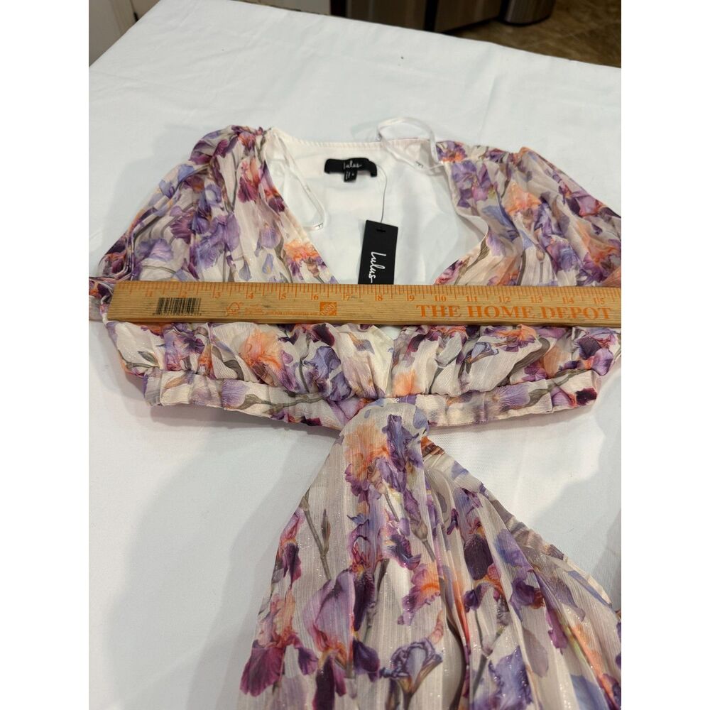 Lulus Melea Ivory and Purple Floral Pleated Cutout Maxi Dress Size Small - Picture 7 of 9